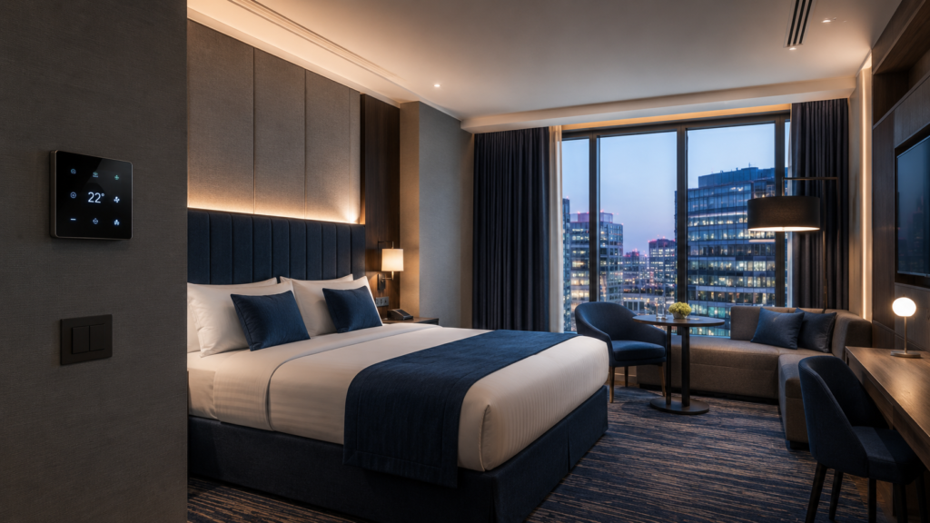 Modern hotel guest room with smart energy control panel